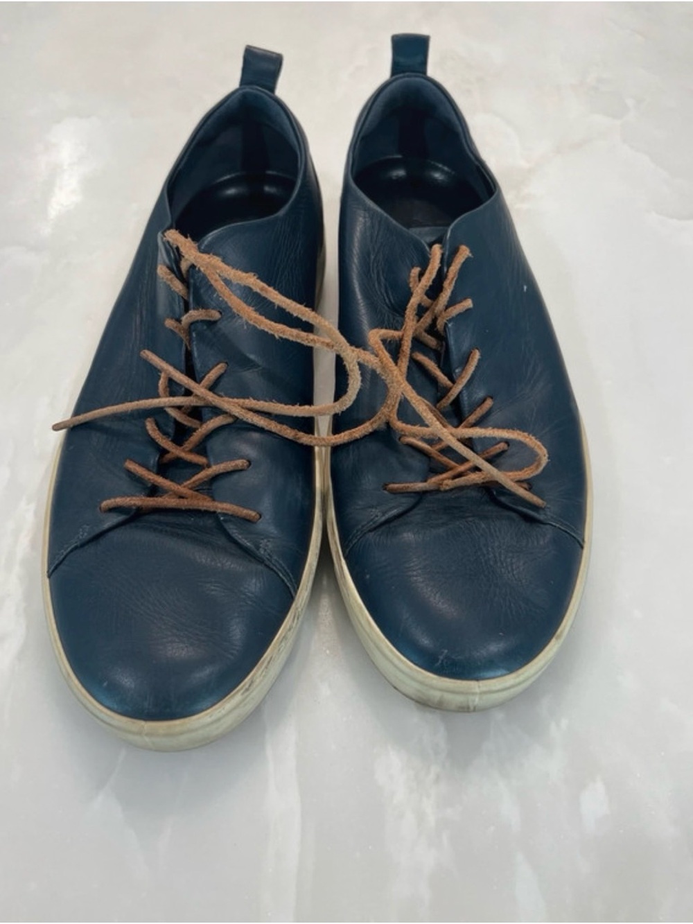 Ecco Navy Leather Low-Profile Lace-Up Sneakers with Tan Laces